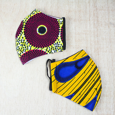 Cotton face masks, 'Fountain of Color' (pair) - Pair of Brightly Colored African Print Cotton Face Masks