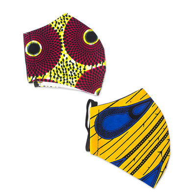 Cotton face masks, 'Fountain of Color' (pair) - Pair of Brightly Colored African Print Cotton Face Masks