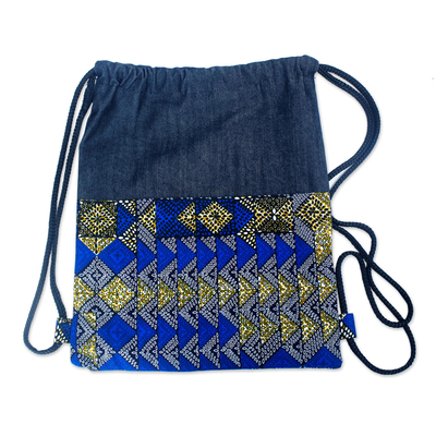 Rucksack aus Baumwolle - Lässiger Baumwollrucksack aus einfarbigem und bedrucktem blauem Stoff