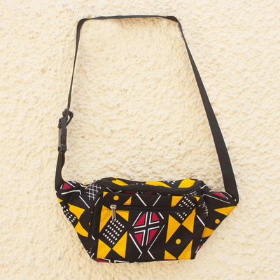 Cotton waist bag, 'African Geometry' - West African Zippered Waist Bag Adjustable Strap