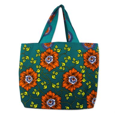 Cotton tote, 'Flowery Beauty' - Vibrant Cotton Tote Bag in Turquoise, Orange, and Yellow