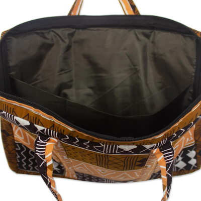 Cotton laptop bag, 'Sea Waves' - Padded Lined Cotton Laptop Bag in Spice Brown