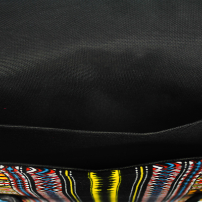 Baumwoll-Clutch, „Angelina“ – auffällige, schwarz bedruckte Baumwoll-Clutch-Handtasche aus Ghana