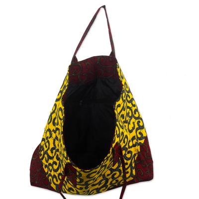 Cotton tote bag, 'Macaroni Beach' - Yellow and Red Cotton Tote Bag from Ghana