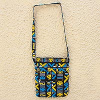 Bolso de hombro de algodón, 'Nkabom' - Bolso de hombro de algodón azul brillante y amarillo