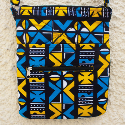 Bolso de hombro de algodón, 'Nkabom' - Bolso de hombro de algodón azul brillante y amarillo