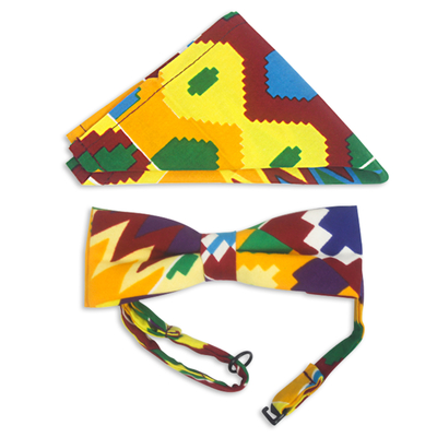 Cotton kente print bow tie and pocket square, 'Ashanti Heritage' - Ghanaian Cotton Kente Print Bow Tie Pocket Square Set