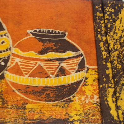 Batik cotton table runner, 'Beautiful Pots' - Hand Crafted Batik Cotton Table Runner from Ghana