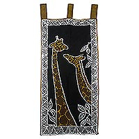 Hand-painted cotton wall hanging, 'Romance' - Giraffe Cotton Wall hanging from Ghana