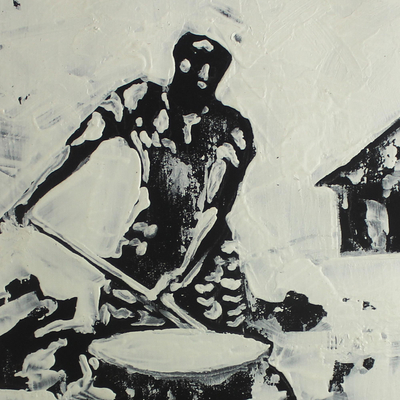 'Banku Lady' - Monochrome Painting of Woman Making Banku