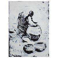 'Pot Maker' - Signed Impressionist Painting of an African Pot Maker