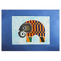 'Blue Elephant II' - Framed Acrylic and Fabric Elephant Painting
