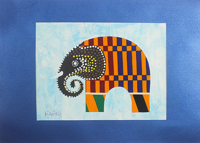 'Blue Elephant II' - Framed Acrylic and Fabric Elephant Painting
