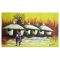 'Escena colorida del pueblo I' - Acrílico original de la escena del pueblo sobre lienzo