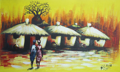 'Colorful Village Scene I' - Village Scene Original Acrylic on Canvas Painting