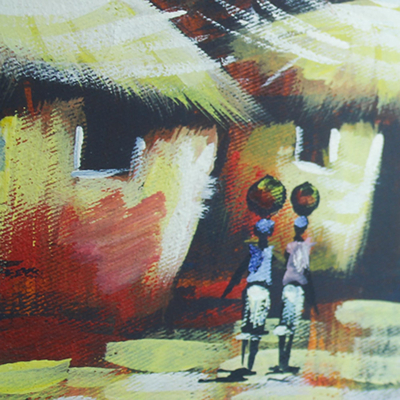 'Colorful Village Scene I' - Acrílico original de escena de pueblo sobre pintura de lienzo