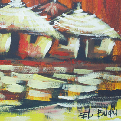 'Colorful Village Scene I' - Acrílico original de escena de pueblo sobre pintura de lienzo