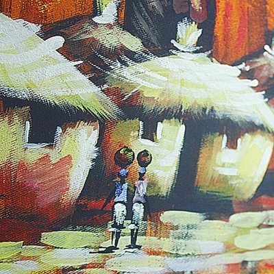 'Colorful Village Scene II' - Traditional African Village Scene Acrylic Painting