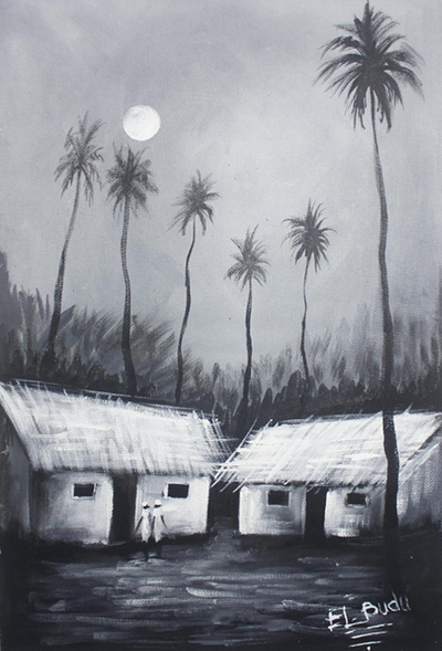 'Home Sweet Home' - Monochrome Acrylic Painting of West Africa Village