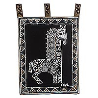 Cotton wall hanging, 'Horse Stories' - Hand Painted Cotton Horse-Themed Wall Hanging