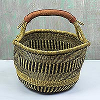 Hand Woven Raffia and Leather-Accented Basket,'Alive in Striped'