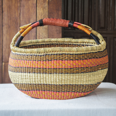 Raffia shopping basket, 'Sunset Stripes' - Hand Made Raffia Shopping Basket