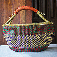 Raffia and leather shopping basket, 'Bawku Checks' - Hand Woven Multicolored Shopping Basket