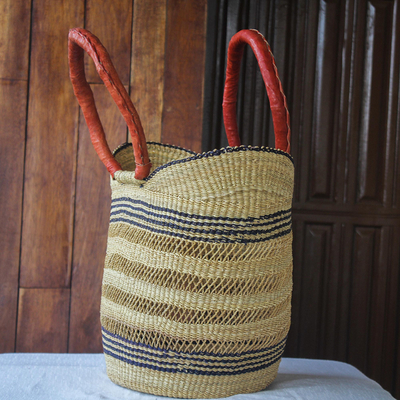 Raffia and leather shopping basket, 'Biakoye' - Dark Blue and Natural Raffia Shopping Basket