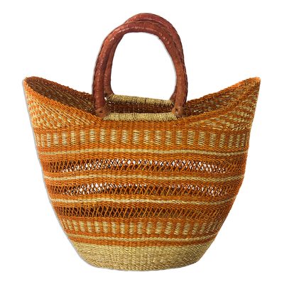 Raffia basket tote bag, 'Bawku Orange' - African Artisan Made Raffia Basket Tote