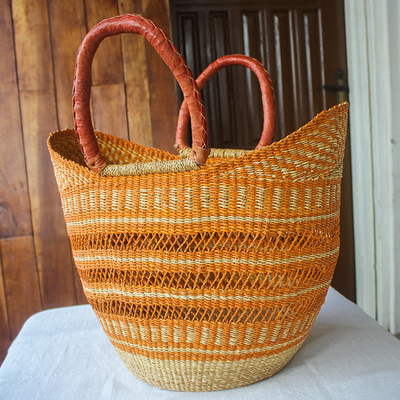 Raffia basket tote bag, 'Bawku Orange' - African Artisan Made Raffia Basket Tote