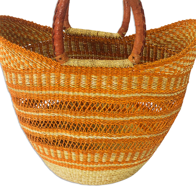 Raffia basket tote bag, 'Bawku Orange' - African Artisan Made Raffia Basket Tote