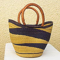 Raffia basket tote bag, 'Bawku Balsam' - Handcrafted Raffia and Leather Basket Tote Bag