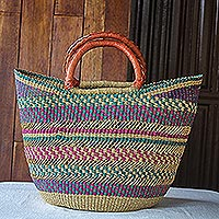 Raffia basket tote bag, 'Bawku Beauty' - African Woven Raffia Basket Tote Bag