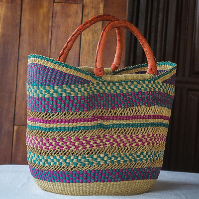 Raffia basket tote bag, 'Bawku Beauty' - African Woven Raffia Basket Tote Bag