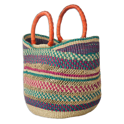 Raffia basket tote bag, 'Bawku Beauty' - African Woven Raffia Basket Tote Bag