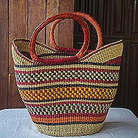Raffia and leather shopping basket, 'Bongani' - Artisan Crafted Multicolored Raffia Shopping Basket