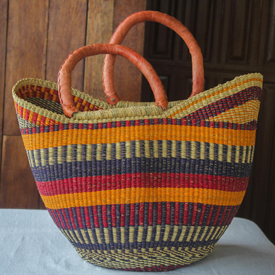 Raffia and leather shopping basket, 'Bawku Brights' - Striped Colorful Raffia Shopping Basket