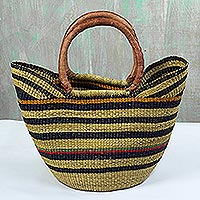 Leather-accented raffia basket, 'Striped Sunday' - Striped Raffia and Leather-Accented Basket