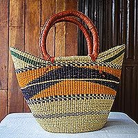 Raffia basket tote bag, 'Bawku Pride' - Raffia Basket Style Beach or Shopping Tote Bag