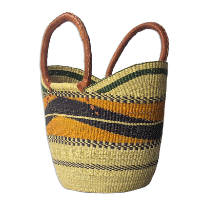 Raffia basket tote bag, 'Bawku Pride' - Raffia Basket Style Beach or Shopping Tote Bag