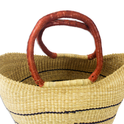 Raffia basket tote bag, 'Bawku Maize' - Striped Hand Woven Raffia Basket Tote from Ghana