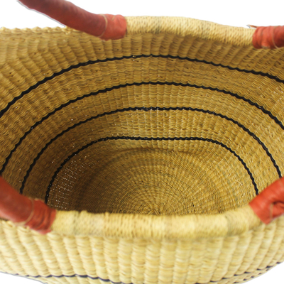 Raffia basket tote bag, 'Bawku Maize' - Striped Hand Woven Raffia Basket Tote from Ghana