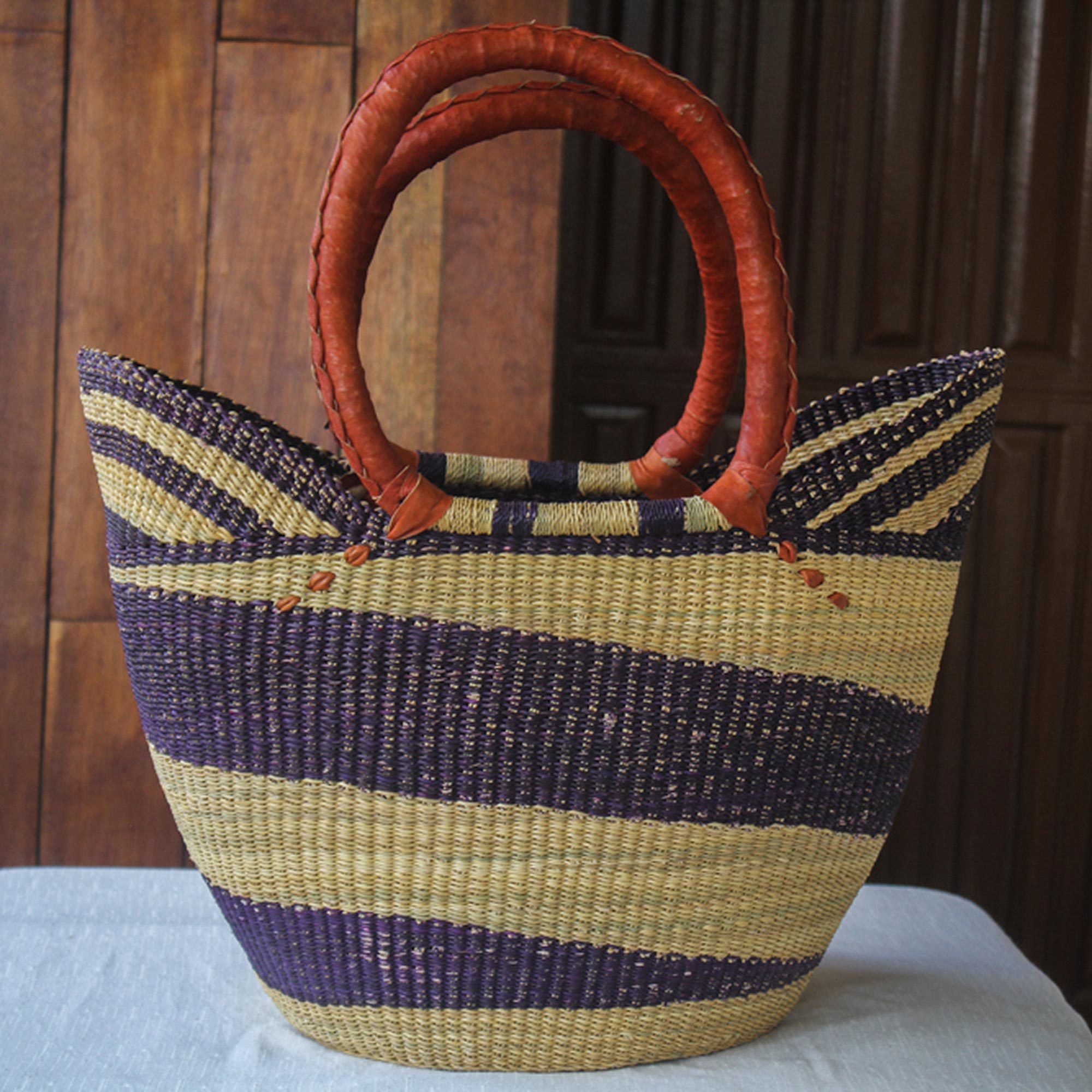 Artisan Crafted Purple Striped Raffia Basket Tote Bag - Bawku Blue