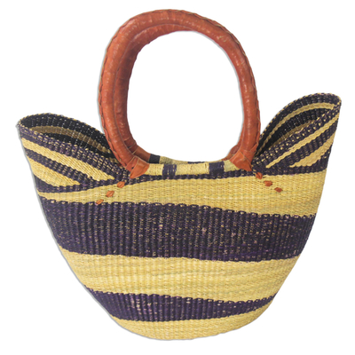 Raffia basket tote bag, 'Bawku Blue-Violet' - Artisan Crafted Purple Striped Raffia Basket Tote Bag