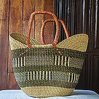 Woven raffia basket tote bag, 'Mother's Basket' - Ghanaian Woven Raffia Basket Tote Bag
