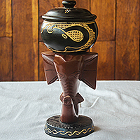 Decorative Wood Elephant Bowl with Lid,'Elephant Study'