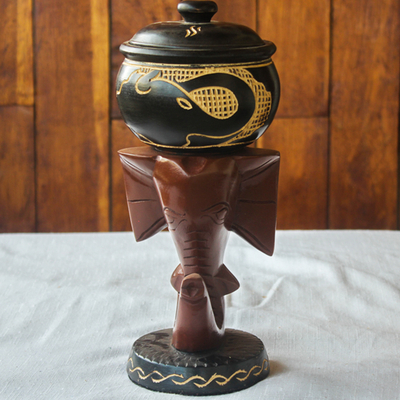 Decorative wood bowl, 'Elephant Study' - Decorative Wood Elephant Bowl with Lid