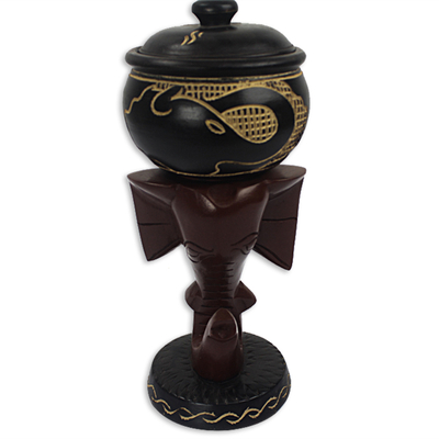 Decorative wood bowl, 'Elephant Study' - Decorative Wood Elephant Bowl with Lid
