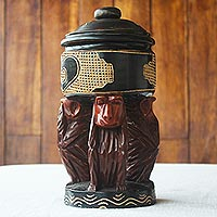 Decorative wood jar, 'See No Evil' - Hand Carved Sese Wood Decorative Monkey Jar