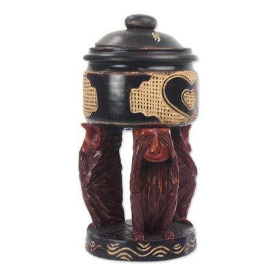 Hand Carved Sese Wood Decorative Monkey Jar